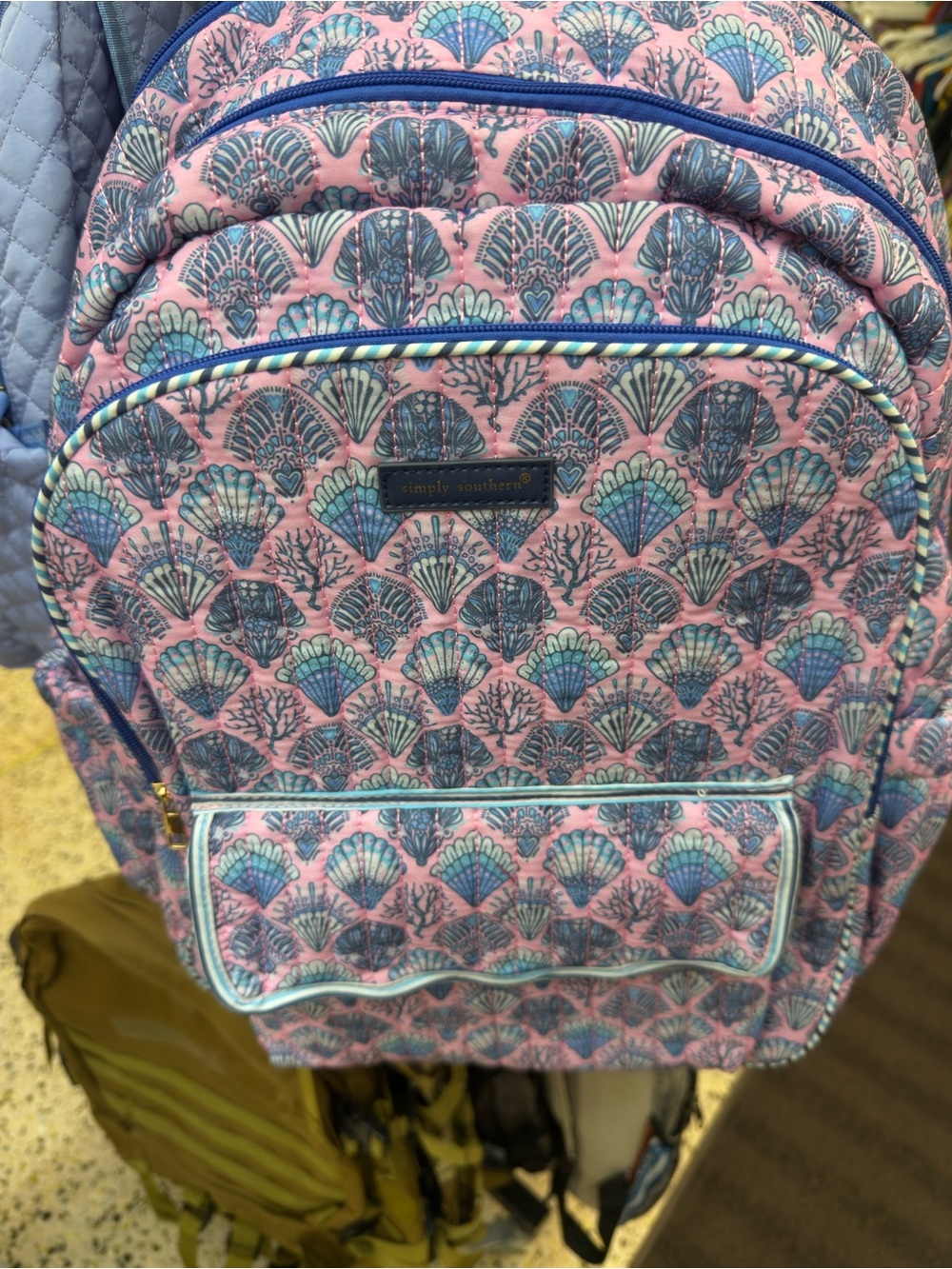 Simply Southern Pink Seashell Quilted Backpack with Blue Accents